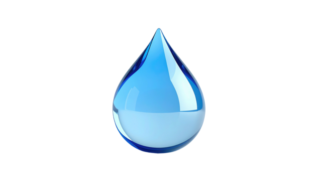A single, translucent blue water drop, glossy and teardrop-shaped, set against a stark black background