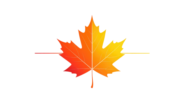 Stylized orange and yellow maple leaf illustration with thin horizontal lines on a solid black background