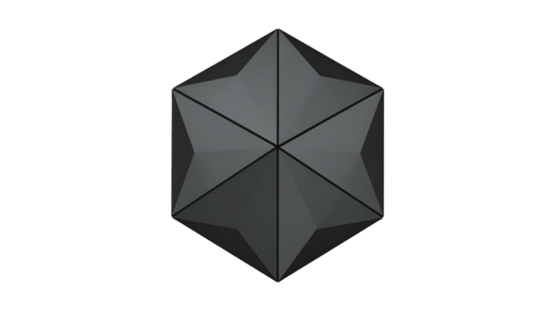 Geometric dark gray six-sided star, viewed from above, with radiating triangular sections, against a black background