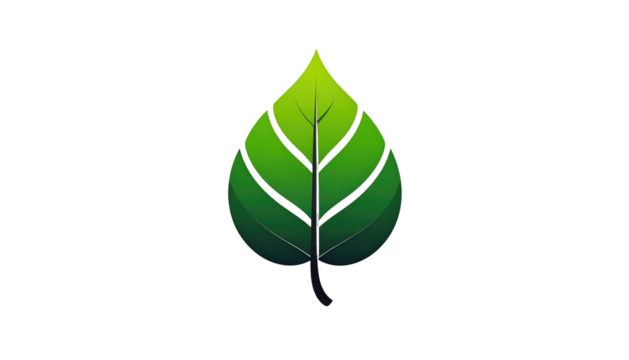 A vibrant green leaf, center, with darker veins and a graduated tone on a pure black background