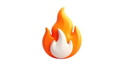 Stylized flame icon Orange outer flame with a white center, glossy, 3D render, on a black background