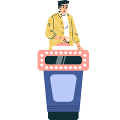 Man Standing At Podium With Microphone Ready To Speak During A Game Show Or Presentation Event Against White Background