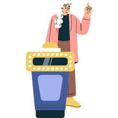 Man Standing At Podium With Lights Pointing Finger Upward In A Pink Jacket And Brown Pants