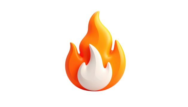 Stylized flame icon Orange outer flame with a white center, glossy, 3D render, on a black background