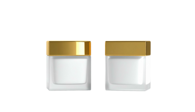 Two square, white cosmetic jars with gold lids sit side-by-side against a stark black background in a studio setting
