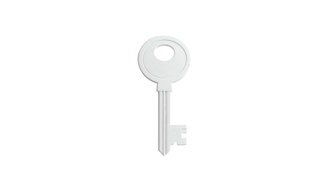 A white, minimalist rendering of a key, centered on a solid black background for high contrast and simplicity
