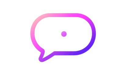 Gradient speech bubble icon with a small circle inside, outlined and isolated on a stark black background