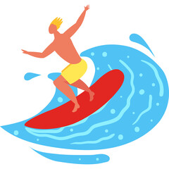 Man Surfing on a Red Surfboard in a Blue Wave Illustration with Yellow Shorts and Blonde Hair on a Transparent Background