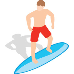 Man Surfing On Blue Board With Red Shorts And Black Shadow Transparent Background On A Sunny Day