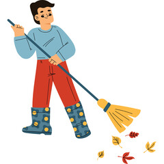 Man Sweeping Autumn Leaves with Broom Wearing Blue Sweater and Red Pants with Patterned Boots on Transparent Background