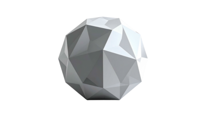 Geometric white polygonal sphere floats against a black background, creating a visually striking contrast