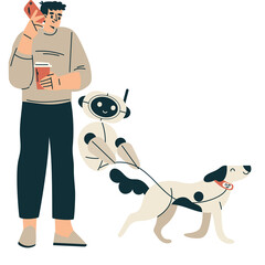 Man Talks On Phone Holding Coffee Cup While Robot Companion Walks A Dalmatian Dog On A Leash With A Transparent Background