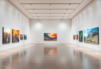 Obraz premium Empty minimalist exhibition hall with bright lighting and neutral walls, clean lines, display