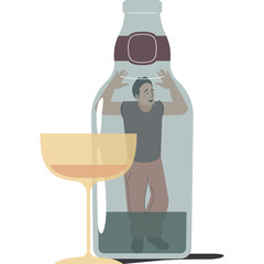 Man trapped inside a glass bottle with a drink in front symbolizing addiction and struggle with alcoholism in abstract design