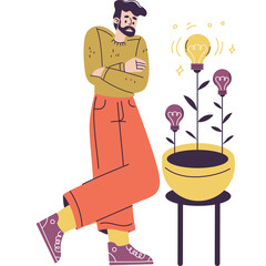 Man Thinking About Ideas Growing Like Plants With Lightbulbs Illustrating Innovation and Creativity In A Flat Design Style