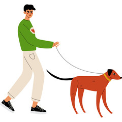 Man Walking A Dog On A Leash Outside In A Park During The Day With A Transparent Background