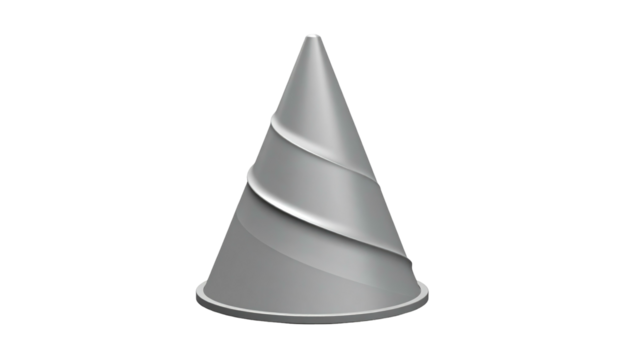 Silver cone w/ a spiral accent, sitting against a dark background, with subtle gradients and a soft, digital render