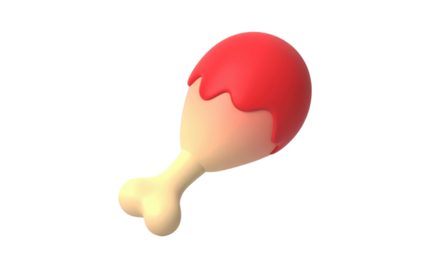 Stylized chicken leg with bright red sauce on top against a black background. Rendered 3D look with soft shadows