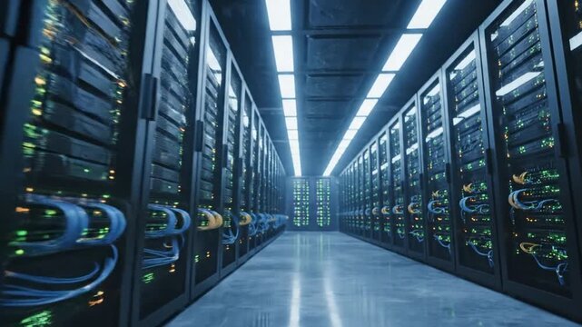 Data center servers hallway with blue and yellow cables and bright ceiling lights modern technology background