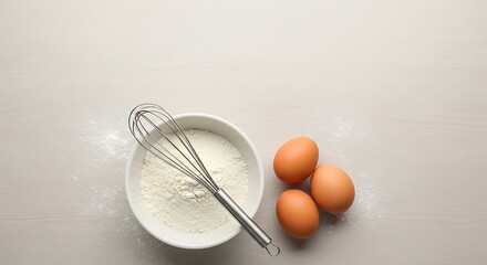 Minimalist baking preparation with ingredients, eggs and mixing utensils