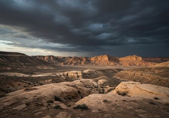 Naklejka premium Sweeping, rugged terrain under a dramatic sky. High limestone peaks dominate the distant horizon, showing arid climate and remote plateaus ,mountain range ,high country ,elevated