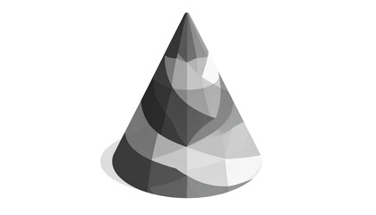 Grayscale image of a 3D cone with a polygon surface design, casting a shadow on a black background
