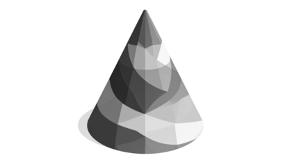 Grayscale image of a 3D cone with a polygon surface design, casting a shadow on a black background