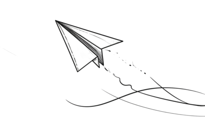 Paper airplane sketch, leaving a flowing trail on a stark black background