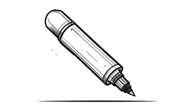 Simple, stark black-and-white sketch of a writing tool resting on a line, angled against a plain black background