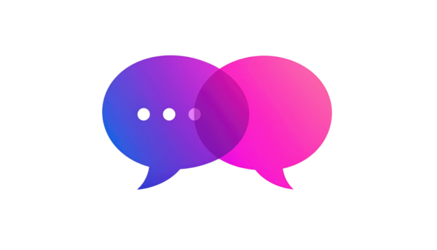 Two vibrant, overlapping speech bubbles. Left bubble has ellipses. Gradient of blue, purple, pink, on a black background