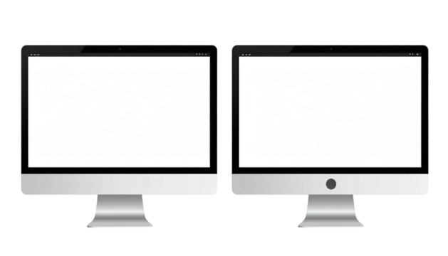 Two desktop computers with blank, white screens and silver stands, side-by-side, isolated on a white background