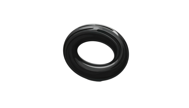 Glossy dark gray torus form; smooth surface, highlights reflecting light. Isolated on a black background