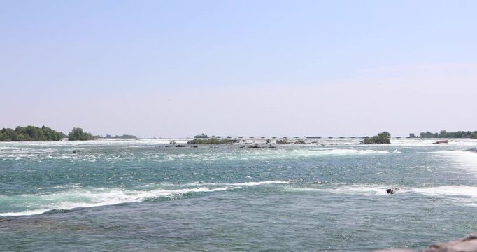 Wide view of the Niagara River flowing toward the brink, teal water sliding past tiny tree-covered islands under a pale sky. Calm on the surface, but everything is being pulled forward to the drop.