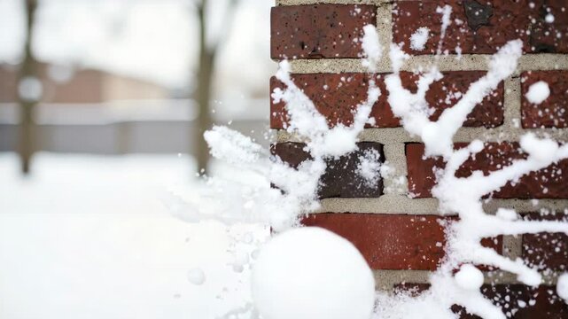 A snowball smashes against a red brick wall in extreme slow motion. Close-up of a winter impact and shattering explosion. Hitting a target concept with copy space