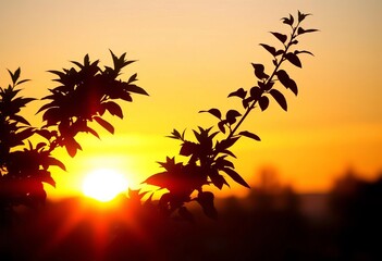 Silhouetted foliage against vibrant sunset glow,  botanical garden,  texture