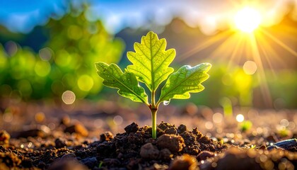 Quercus robur (oak tree seedling) growing from soil in morning light. Nature, growth, and environmental concept.