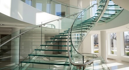 Floating glass staircase within a contemporary bright building design