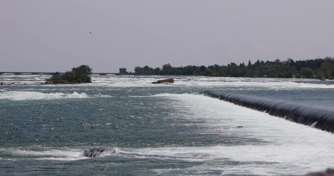 Wide view of the Niagara River flowing toward the brink, teal water sliding past tiny tree-covered islands under a pale sky. Calm on the surface, but everything is being pulled forward to the drop.