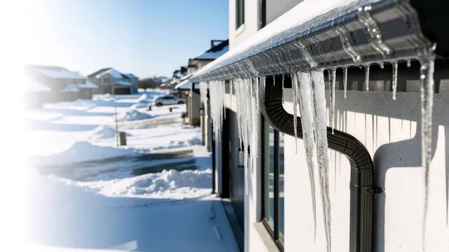 Icicles hanging from a house gutter on a cold sunny winter day. Close-up of a frozen roof covered in snow and ice. Winter weather and home maintenance concept