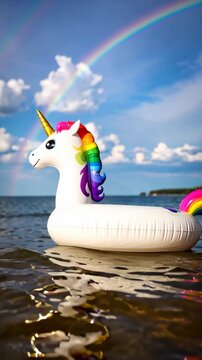 Inflatable unicorn pool float swims in calm water under a vibrant double rainbow on sunny day, summer vibes.