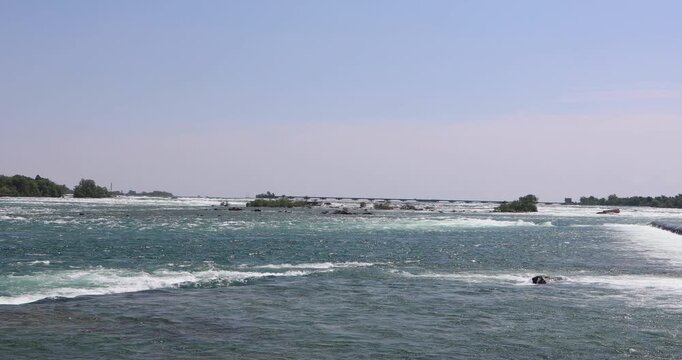 Wide view of the Niagara River flowing toward the brink, teal water sliding past tiny tree-covered islands under a pale sky. Calm on the surface, but everything is being pulled forward to the drop.