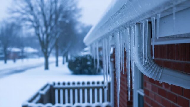 Icicles hanging from a house gutter on a cold winter day. Close-up of a frozen roofline with a snowy suburban background. Freezing weather concept
