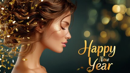 Beautiful young woman with golden glitter in hair and on face, eyes closed in soft light, festive typography Happy New Year on blurred golden bokeh background. holiday celebration, advertising banner