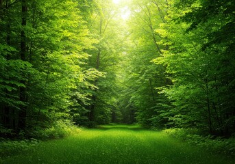 Fototapeta premium Lush vibrant green forest edge scenery displaying dense summer foliage and bright sunlight, ideal background image for nature promotion ,texture ,nature ,environment