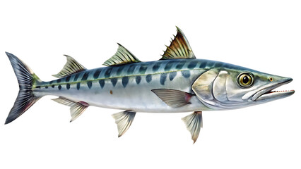 A detailed illustration of a barracuda fish, showcasing its sleek body and sharp teeth, isolated on a transparent background