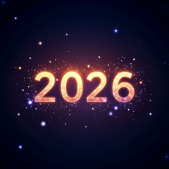 dark blue background small white stars scattered around center text reads 2026 shiny glittery font text bright orange color making stand out against dark background stars different sizes colors