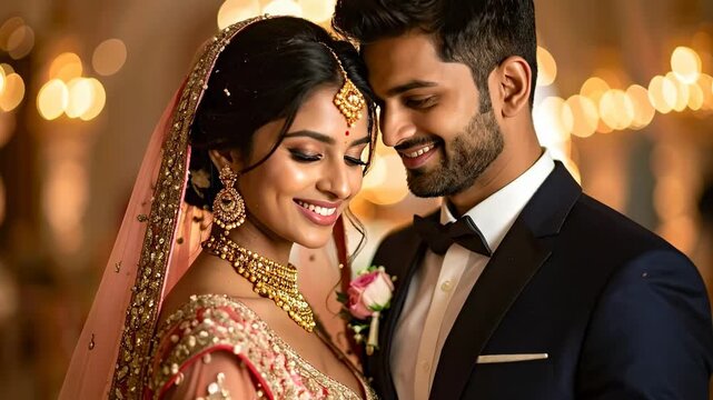 Beautiful Indian Wedding Couple Smiling and Looking at Each Other.