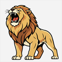 Cartoon illustration of a roaring lion with an open mouth and sharp teeth standing against a plain white background.