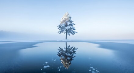 Ethereal winter scene featuring a solitary snow-laden evergreen tree perfectly reflected on the calm, frozen expanse of an icy lake, capturing serene natural beauty and stark tranquility
