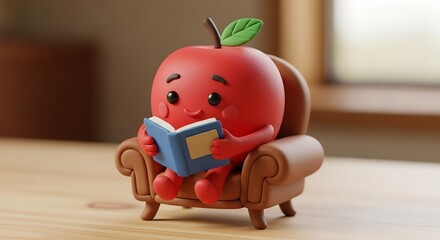 Charming 3D Render of a Cute Apple Character Reading a Book in a Cozy Armchair.